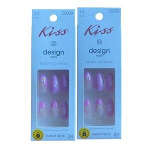 Lot 2 KISS DGD09 Design Ready To Wear Nails Instant 24 Pink w White Daisy Medium